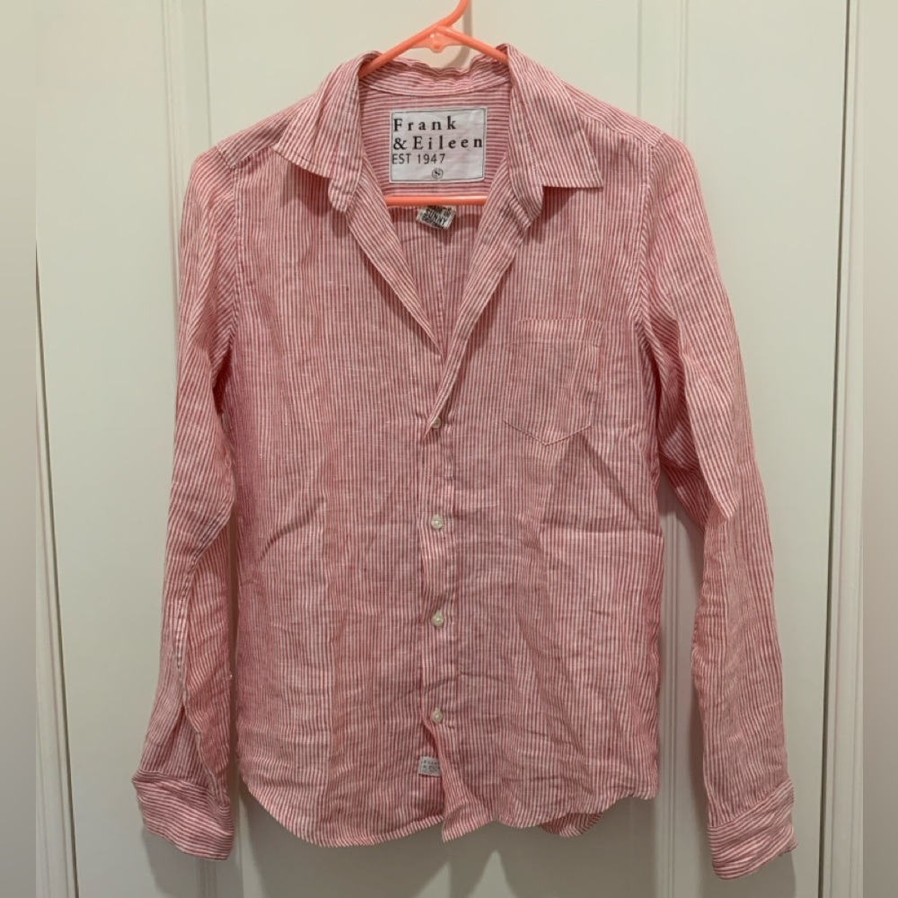FRANK & EILEEN Barry Red White Stripe 100% Linen Button Up Shirt Size Small EUC